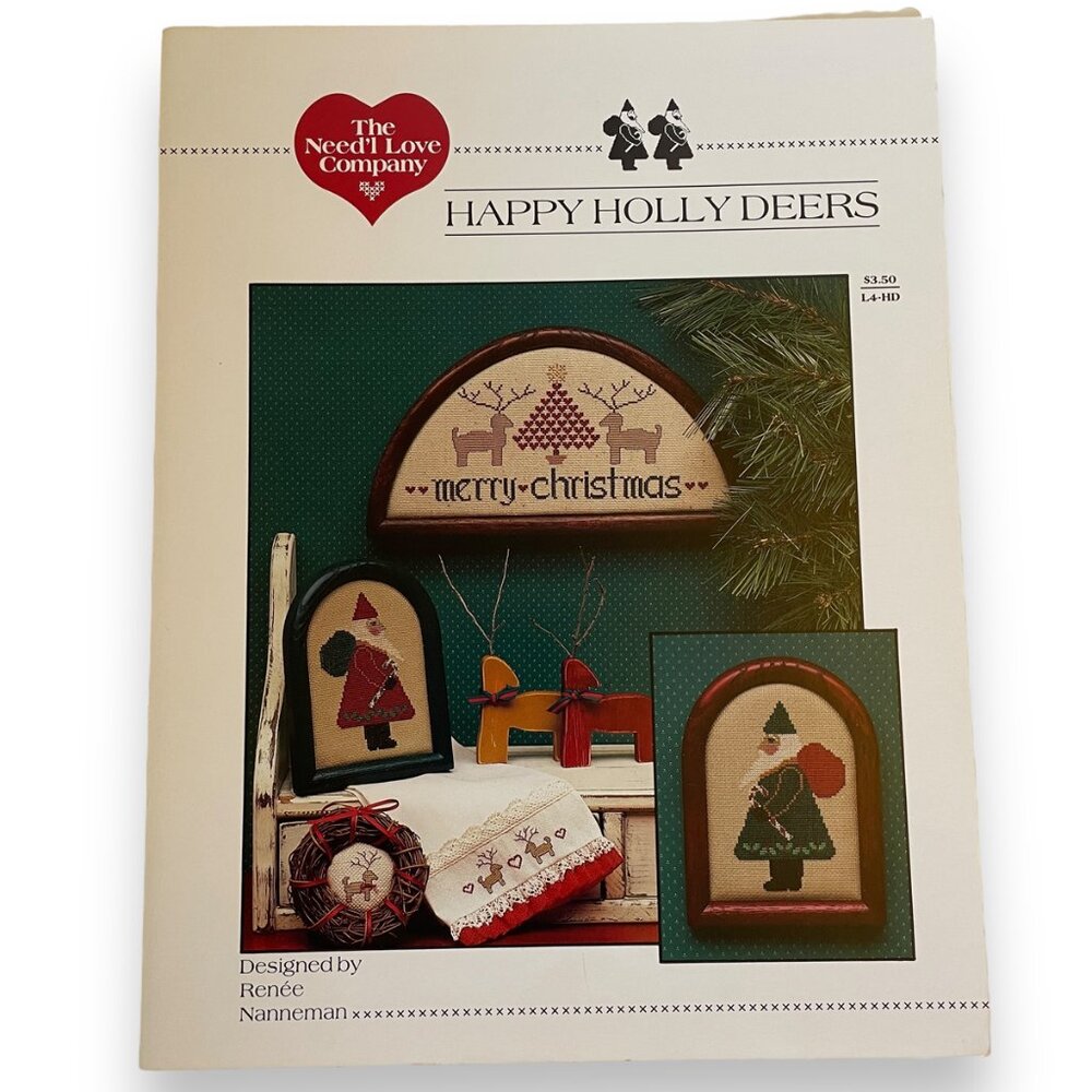 Need’l Love Cross Stitch Leaflet Happy Holly Deers Vintage 1985
